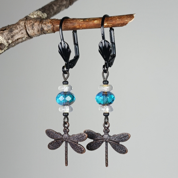 Earth Art hand crafted artisan Jewelry - HAND CRAFTED Dragonfly Dangle Earrings Blue Artisan Glass Black Boho Nature